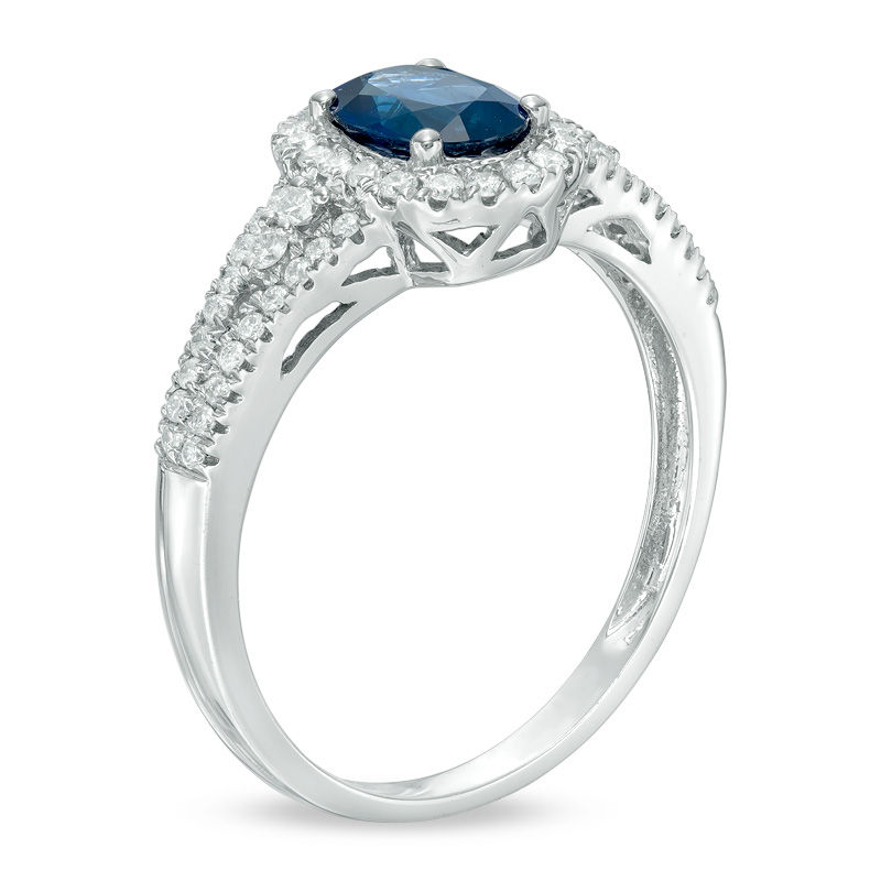 Precious Bride™ Oval Blue Sapphire and 1/3 CT. T.W. Diamond Frame Engagement Ring in 14K White Gold