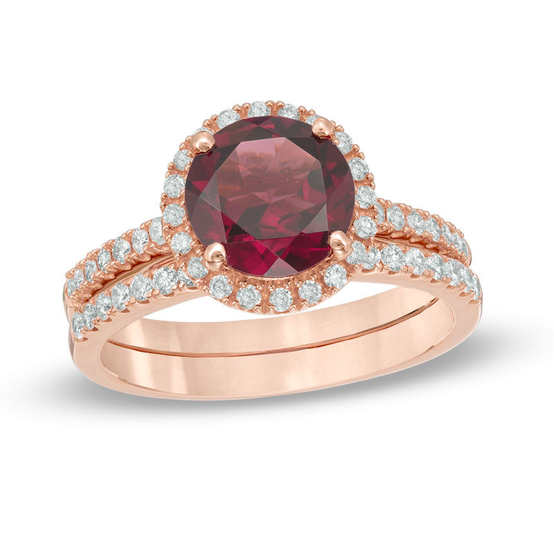 Precious Bride™ 8.0mm Rhodolite Garnet and 3/8 CT. T.W. Diamond Frame Bridal Set in 14K Rose Gold