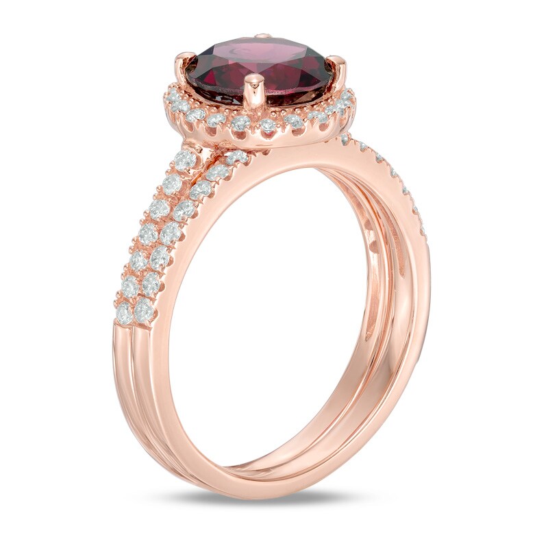 Precious Bride™ 8.0mm Rhodolite Garnet and 3/8 CT. T.W. Diamond Frame Bridal Set in 14K Rose Gold