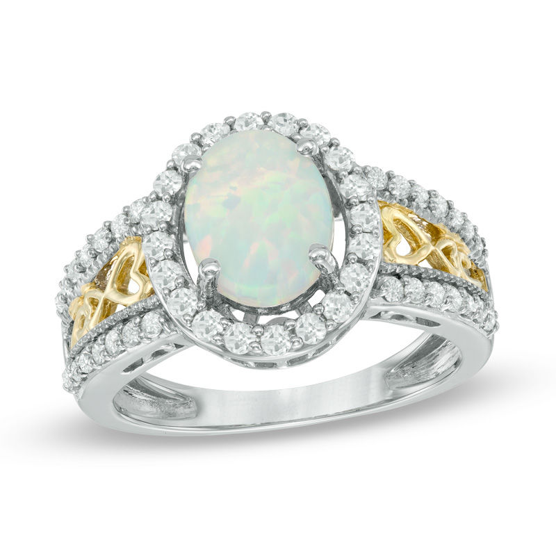 Oval Lab-Created Opal and White Sapphire Frame Ring in Sterling Silver with 14K Gold Plate