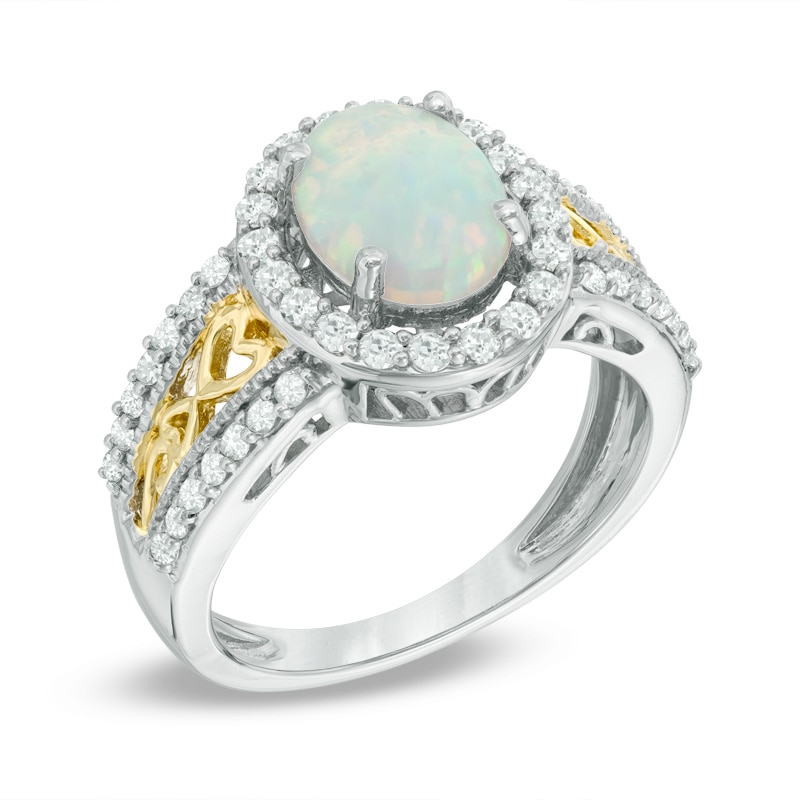 Oval Lab-Created Opal and White Sapphire Frame Ring in Sterling Silver with 14K Gold Plate