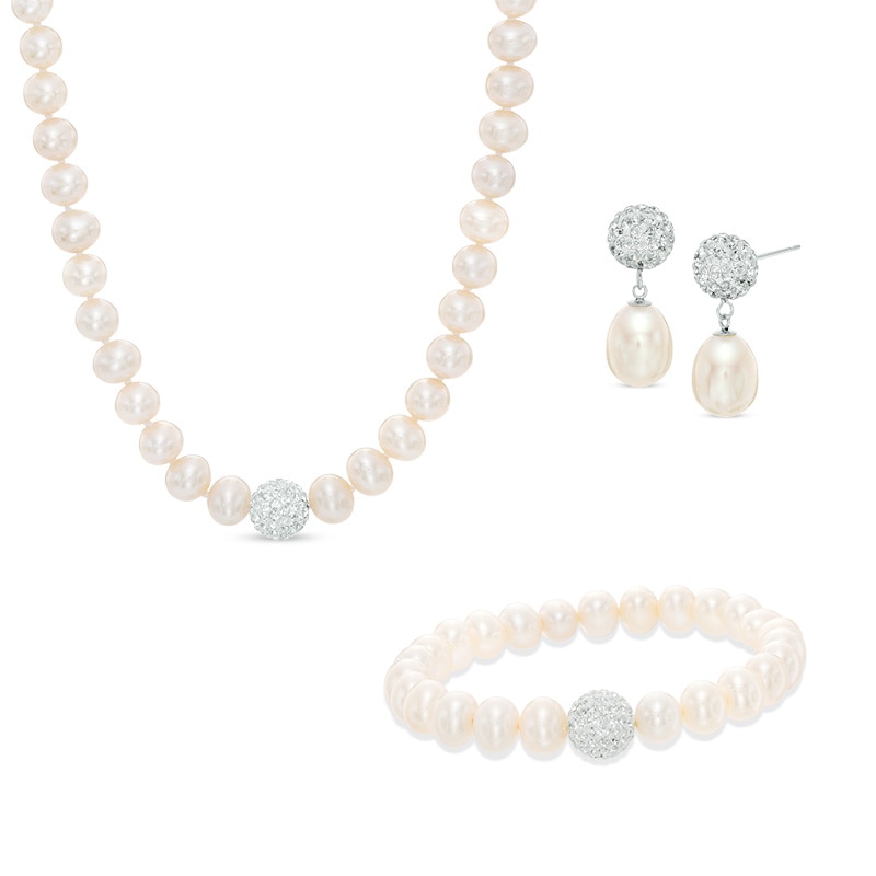 Main Image 1 of 7.0-9.0mm Freshwater Cultured Pearl and Crystal Necklace, Bracelet and Drop Earrings Set in Sterling Silver