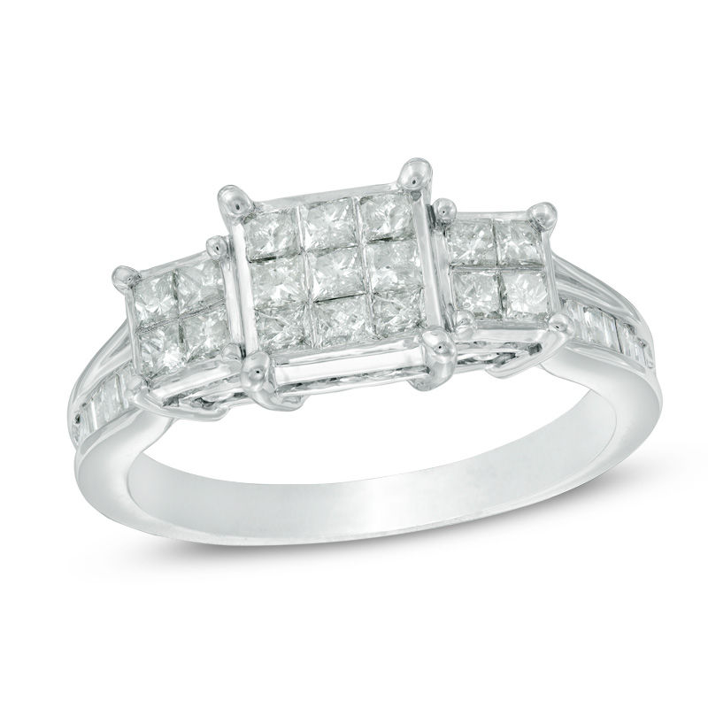 Main Image 1 of 1 CT. T.W. Princess-Cut Composite Diamond Three Stone Engagement Ring in 10K White Gold
