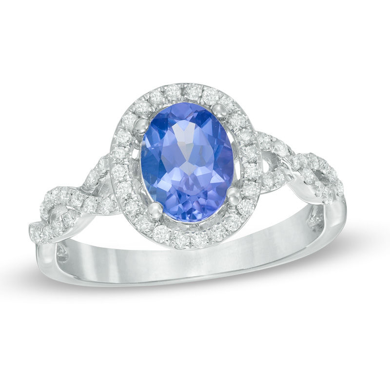 Precious Bride™ Oval Tanzanite and 1/3 CT. T.W. Diamond Frame Twist Engagement Ring in 14K White Gold