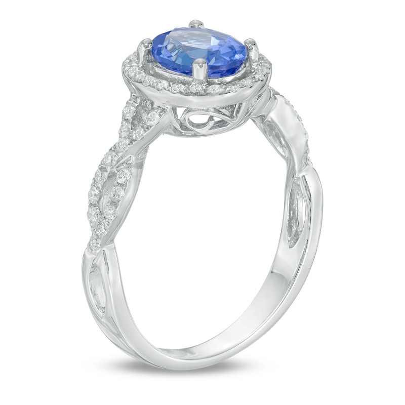 Precious Bride™ Oval Tanzanite and 1/3 CT. T.W. Diamond Frame Twist Engagement Ring in 14K White Gold