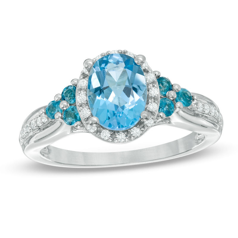 Blue Topaz and Lab-Created White Sapphire Frame Tri-Sides Ring in Sterling Silver