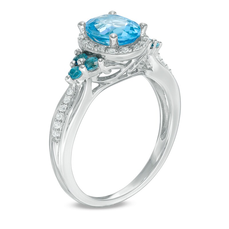 Main Image 2 of Blue Topaz and Lab-Created White Sapphire Frame Tri-Sides Ring in Sterling Silver
