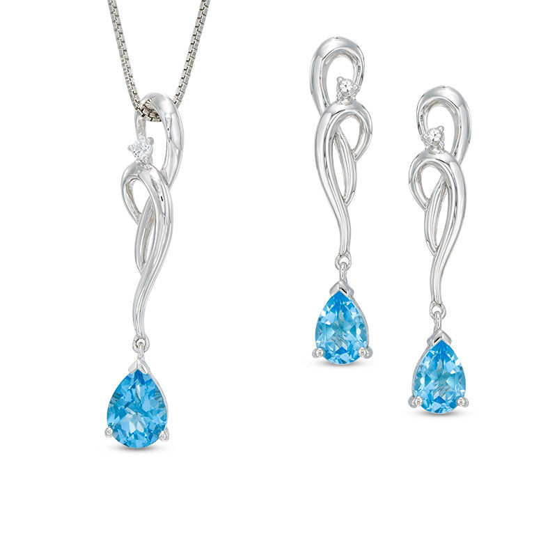 Main Image 1 of Pear-Shaped Swiss Blue and White Topaz Scroll Pendant and Earrings Set in Sterling Silver