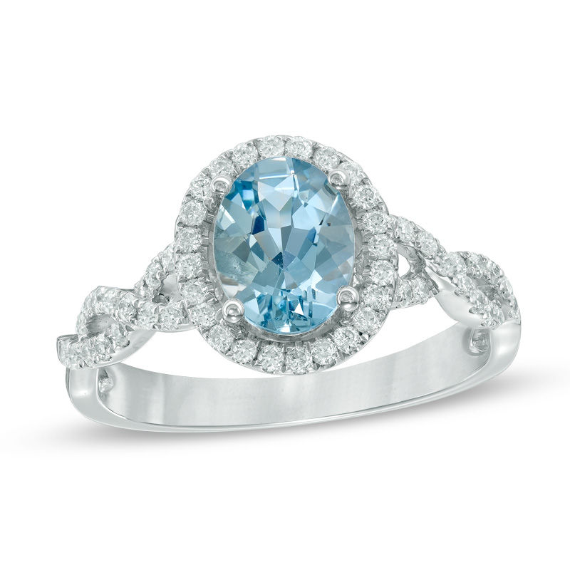 Main Image 1 of Precious Bride™ Oval Aquamarine and 1/3 CT. T.W. Diamond Frame Twist Engagement Ring in 14K White Gold