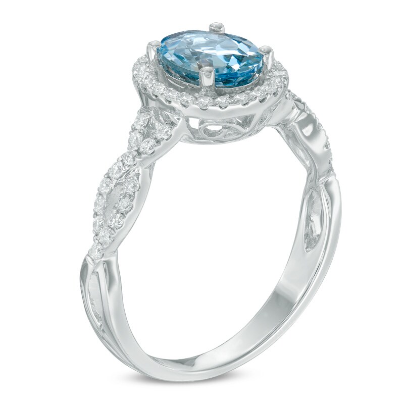Main Image 2 of Precious Bride™ Oval Aquamarine and 1/3 CT. T.W. Diamond Frame Twist Engagement Ring in 14K White Gold