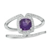 6.0mm Cushion-Cut Amethyst and Lab-Created White Sapphire Split Shank Ring in Sterling Silver