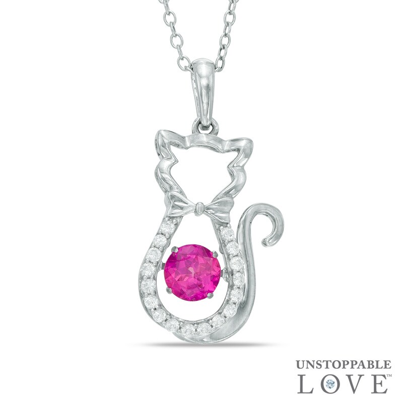 Main Image 1 of 5.0mm Lab-Created Ruby and White Sapphire Cat Pendant in Sterling Silver