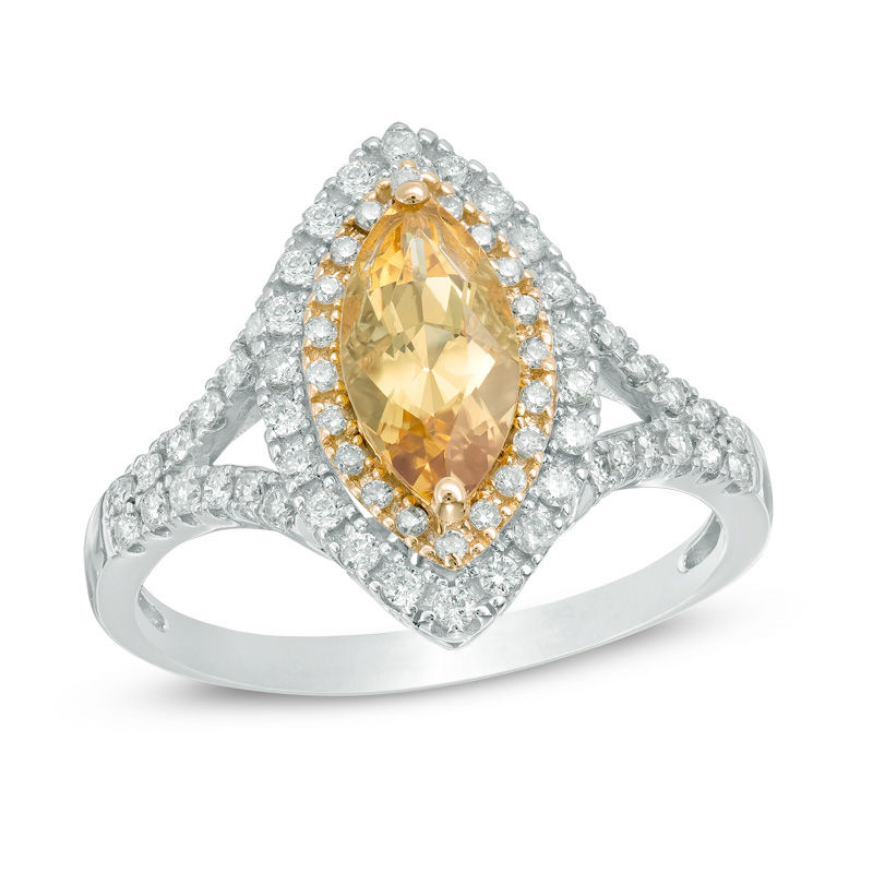 Main Image 1 of Precious Bride™ Marquise Yellow Beryl and 1/3 CT. T.W. Diamond Double Frame Engagement Ring in 14K Two-Tone Gold