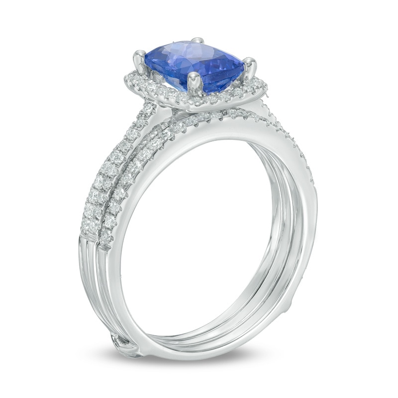 Precious Bride™ Cushion-Cut Tanzanite and 3/8 CT. T.W. Diamond Frame Bridal Set in 14K White Gold