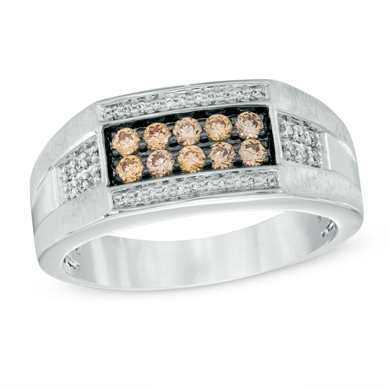 1/2 CT. T.W. Champagne and White Diamond Men's Band in 10K White Gold