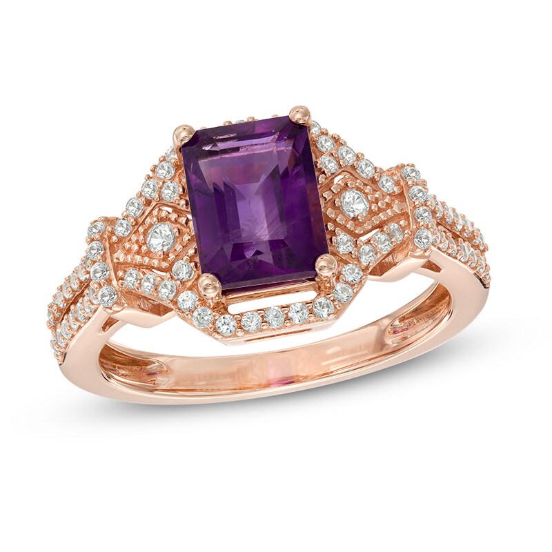 Emerald-Cut Rose de France Amethyst and Lab-Created White Sapphire Ring in 10K Rose Gold