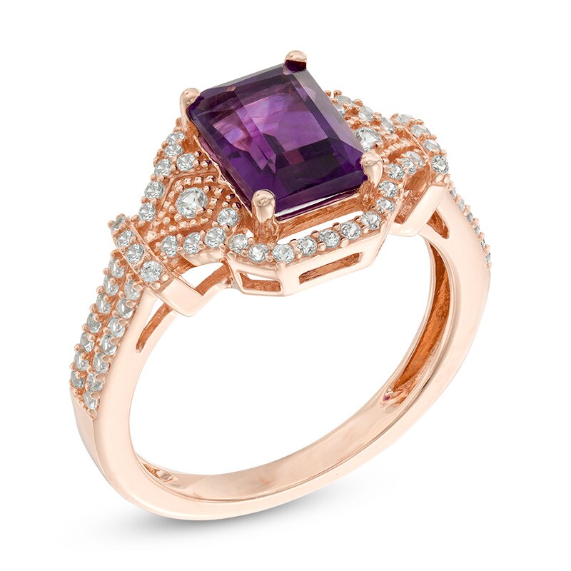 Emerald-Cut Rose de France Amethyst and Lab-Created White Sapphire Ring in 10K Rose Gold