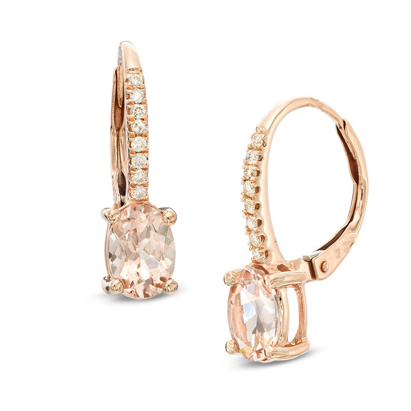 Main Image 1 of Oval Morganite and Diamond Accent Hoop Drop Earrings in 10K Rose Gold