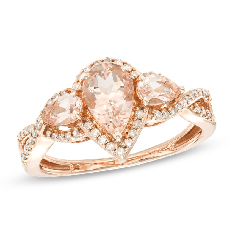 Pear-Shaped Morganite and 1/5 CT. T.W. Diamond Twist Frame Three Stone Ring in 10K Rose Gold