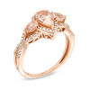Thumbnail Image 1 of Pear-Shaped Morganite and 1/5 CT. T.W. Diamond Twist Frame Three Stone Ring in 10K Rose Gold