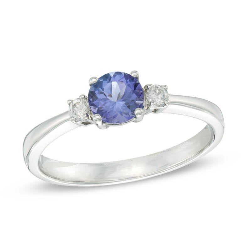 Main Image 1 of 5.5mm Tanzanite and 1/10 CT. T.W. Diamond Three Stone Ring in 10K White Gold