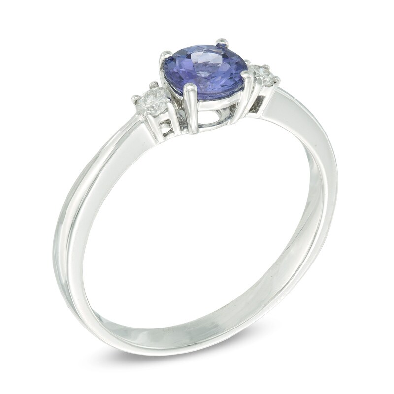 Main Image 2 of 5.5mm Tanzanite and 1/10 CT. T.W. Diamond Three Stone Ring in 10K White Gold
