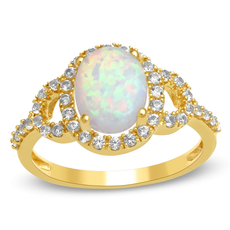 Oval Lab-Created Opal and White Sapphire Buckle Frame Ring in 10K Gold