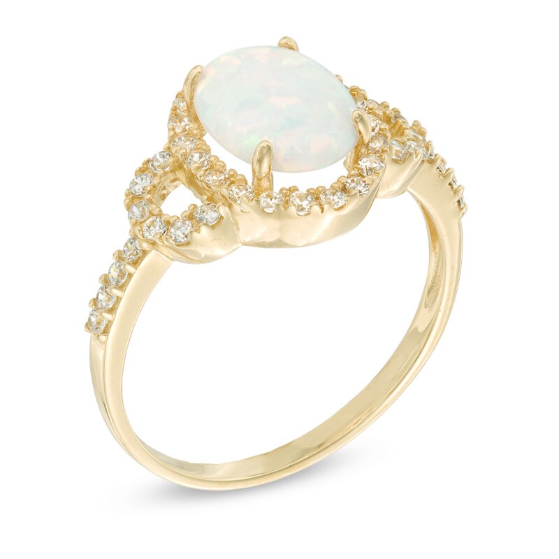 Main Image 2 of Oval Lab-Created Opal and White Sapphire Buckle Frame Ring in 10K Gold