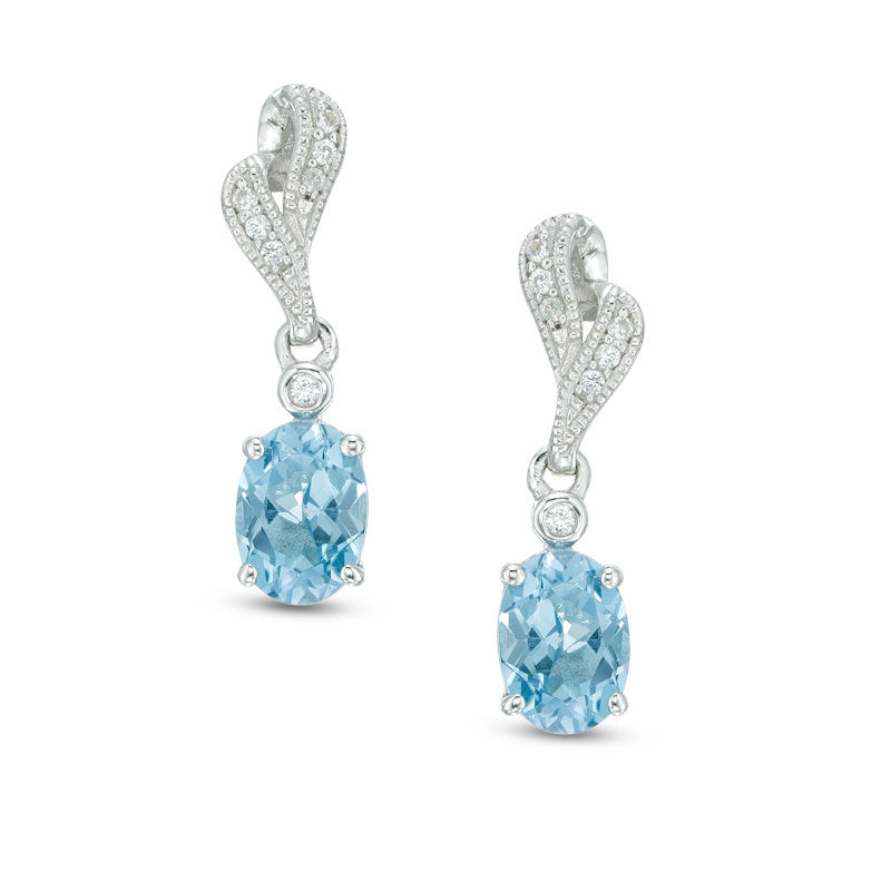 Oval Swiss Blue Topaz and Lab-Created White Sapphire Drop Earrings in Sterling Silver