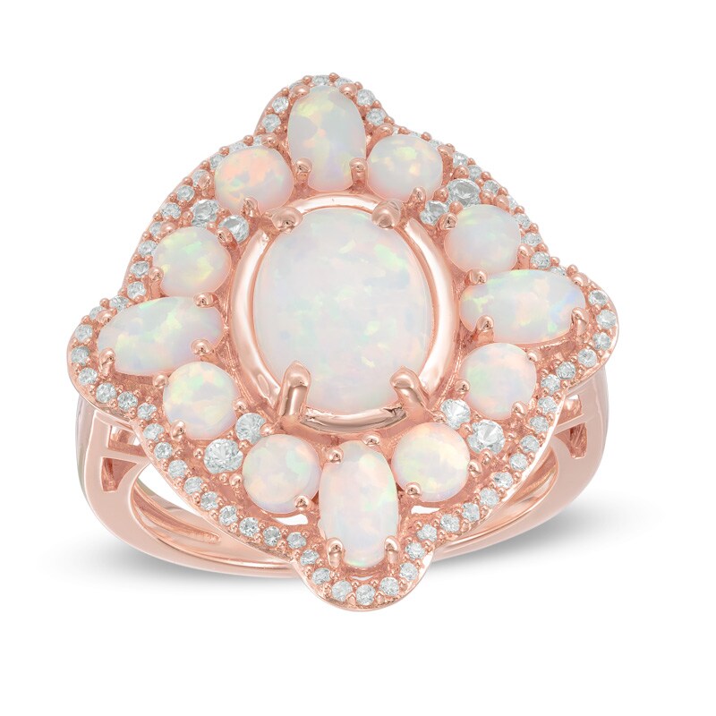 Main Image 1 of Oval Lab-Created Opal and White Sapphire Frame Ring in Sterling Silver and 14K Rose Gold Plate