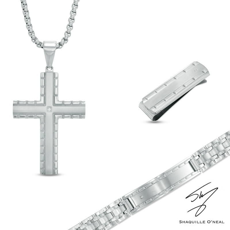 Men's Diamond Accent Cross Pendant, Bracelet and Money Clip Set in Stainless Steel - 24"