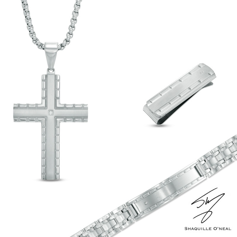 Main Image 1 of Diamond Accent Cross Pendant, Bracelet and Money Clip Set in Stainless Steel - 24"