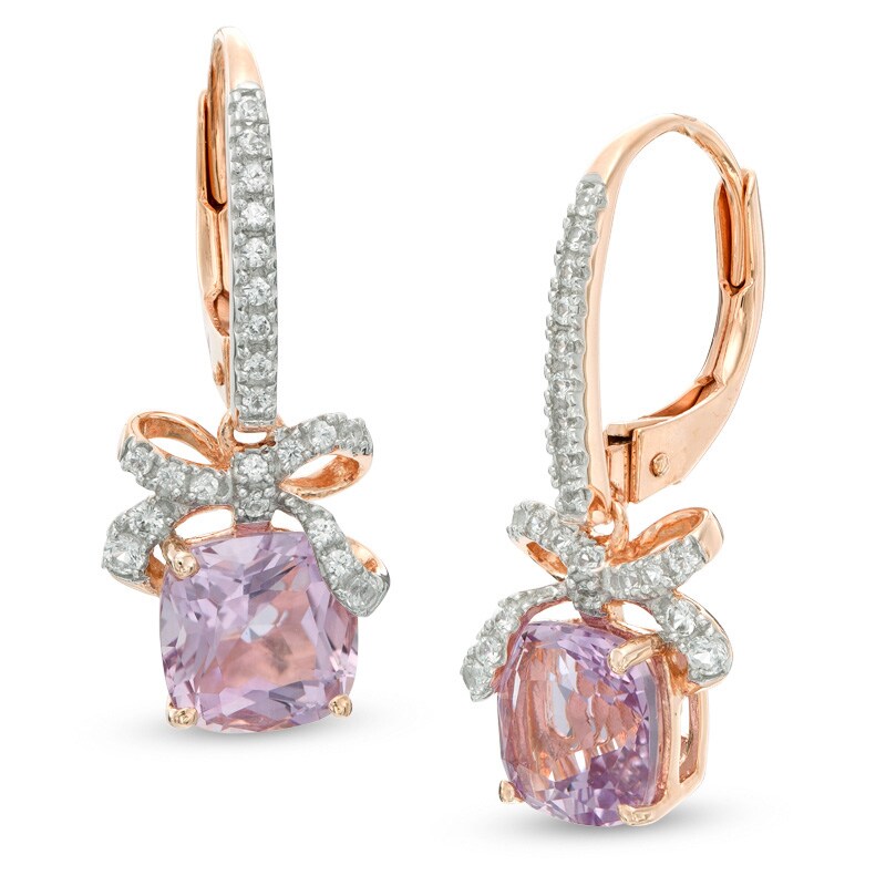 Main Image 1 of Rose de France Amethyst and Lab-Created White Sapphire Bow Drop Earrings in Sterling Silver with 14K Rose Gold Plate