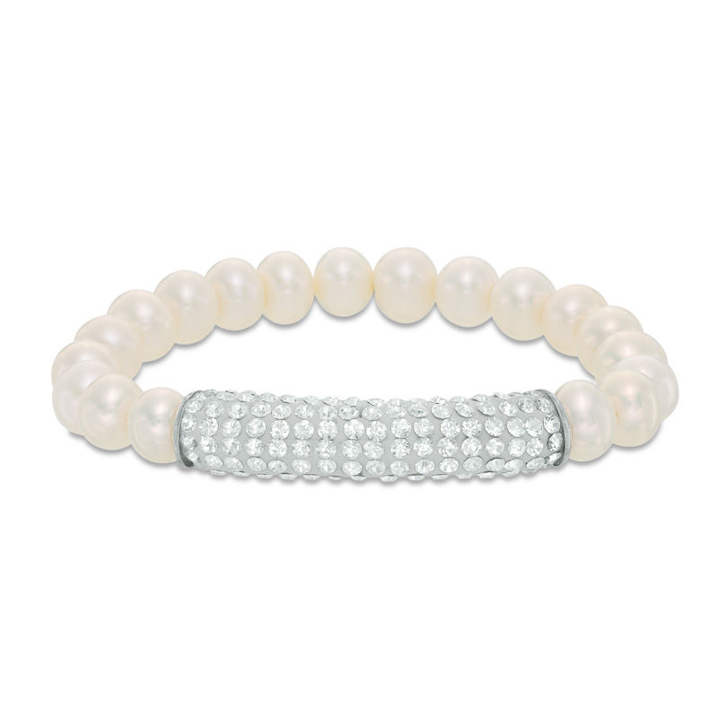 Main Image 1 of 8.0-9.0mm Freshwater Cultured Pearl with Crystal Bar Bracelet in Sterling Silver-7.25"