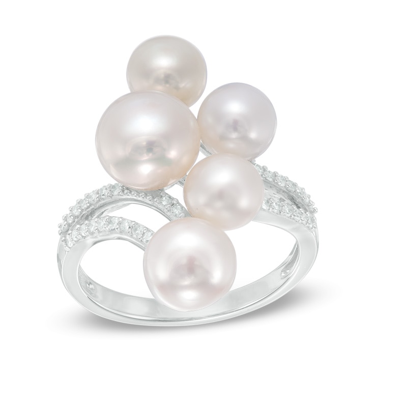 6.0 - 8.0mm Cultured Freshwater Pearl and 1/6 CT. T.W. Diamond Cluster Ring in Sterling Silver