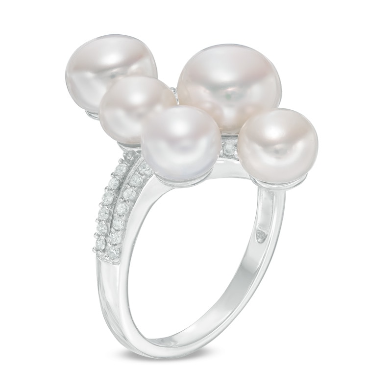 6.0 - 8.0mm Cultured Freshwater Pearl and 1/6 CT. T.W. Diamond Cluster Ring in Sterling Silver
