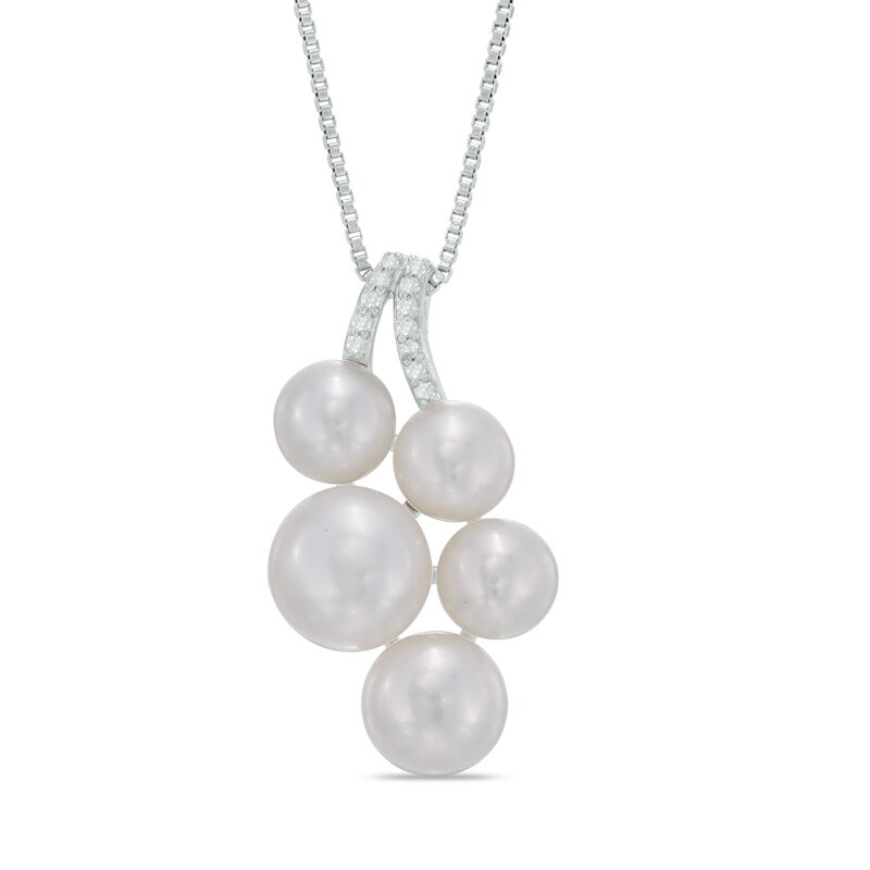 Main Image 1 of 6.0-8.0mm Freshwater Cultured Pearl and Diamond Accent Cluster Pendant in Sterling Silver