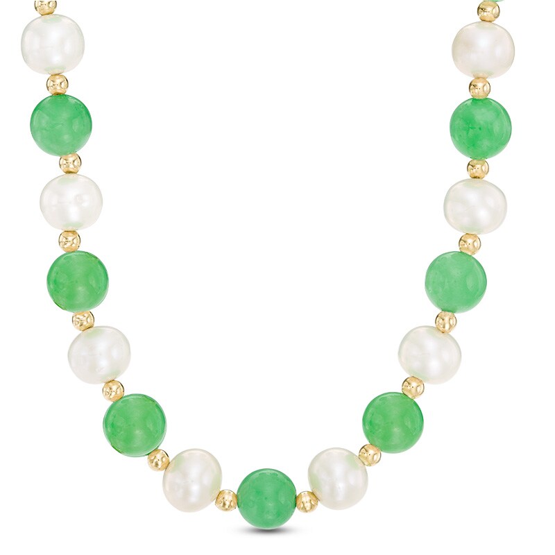 Main Image 1 of 7.5-8.5mm Freshwater Cultured Pearl and Dyed Green Jade Strand Necklace in 14K Gold