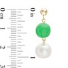 Thumbnail Image 2 of 7.5-8.5mm Freshwater Cultured Pearl and Dyed Green Jade Drop Earrings in 14K Gold