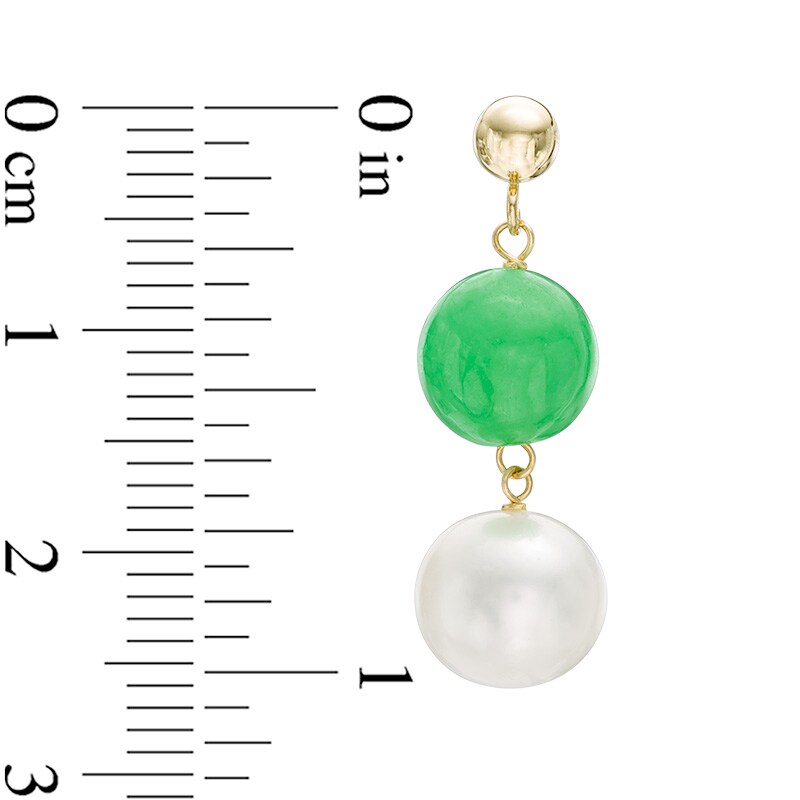 Main Image 2 of 7.5-8.5mm Freshwater Cultured Pearl and Dyed Green Jade Drop Earrings in 14K Gold