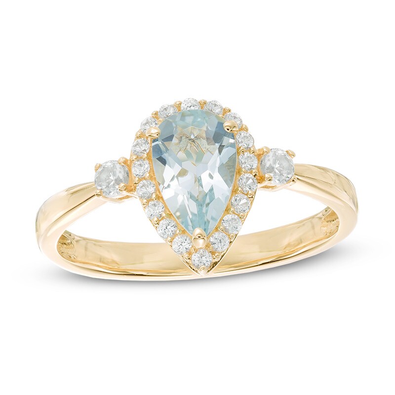 Pear-Shaped Aquamarine and Lab-Created White Sapphire Frame Ring in 10K Gold