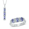 Thumbnail Image 1 of Tanzanite and Diamond Accent Three Stone Pendant and Ring Set in Sterling Silver - Size 7
