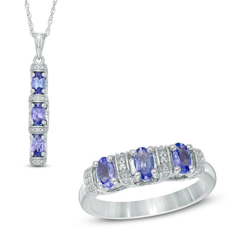 Main Image 1 of Tanzanite and Diamond Accent Three Stone Pendant and Ring Set in Sterling Silver - Size 7
