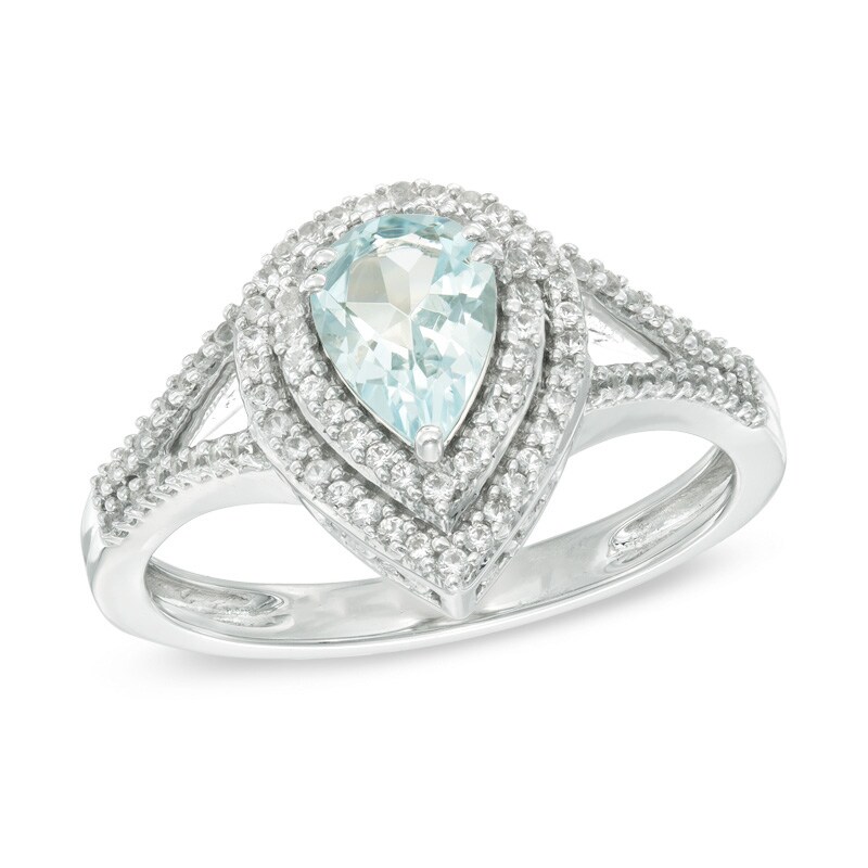 Main Image 1 of Pear-Shaped Aquamarine and Lab-Created White Sapphire Double Frame Split Shank Ring in 10K White Gold