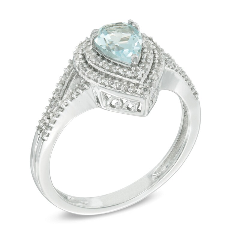 Main Image 2 of Pear-Shaped Aquamarine and Lab-Created White Sapphire Double Frame Split Shank Ring in 10K White Gold