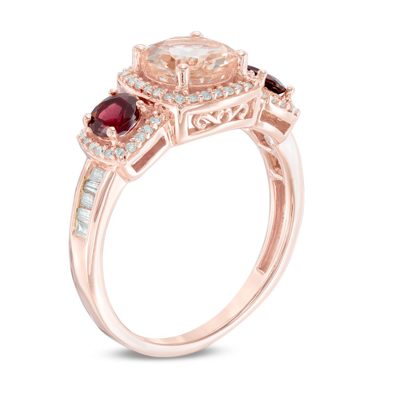 Morganite, Rhodolite Garnet and 1/3 CT. T.W. Diamond Frame Three Stone Ring in 10K Rose Gold