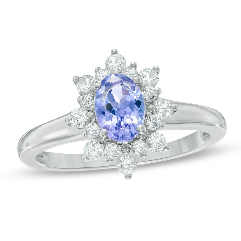 Main Image 1 of Oval Tanzanite and Lab-Created White Sapphire Sunburst Frame Ring in Sterling Silver