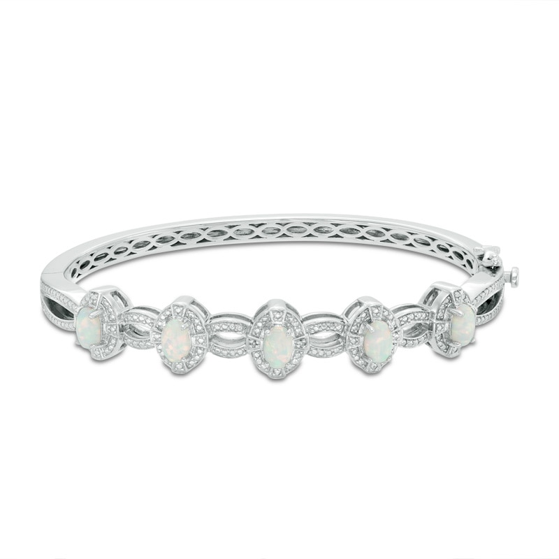 Main Image 1 of Oval Lab-Created Opal and Diamond Accent Bangle in Sterling Silver, 7.5"