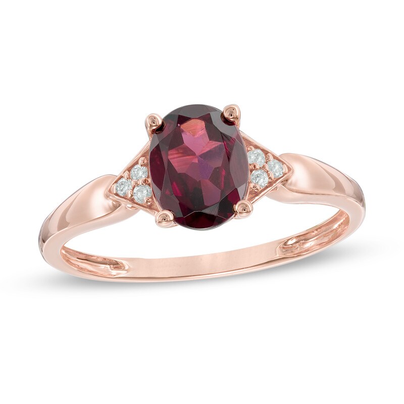 Main Image 1 of Oval Rhodolite Garnet and Diamond Accent Tri-Sides Ring in 10K Rose Gold