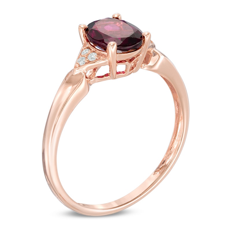 Main Image 2 of Oval Rhodolite Garnet and Diamond Accent Tri-Sides Ring in 10K Rose Gold